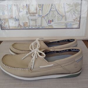 Timberland "Atlantis Break" Light Taupe Leather 2-Eye Boat Shoes. Size 9.5M